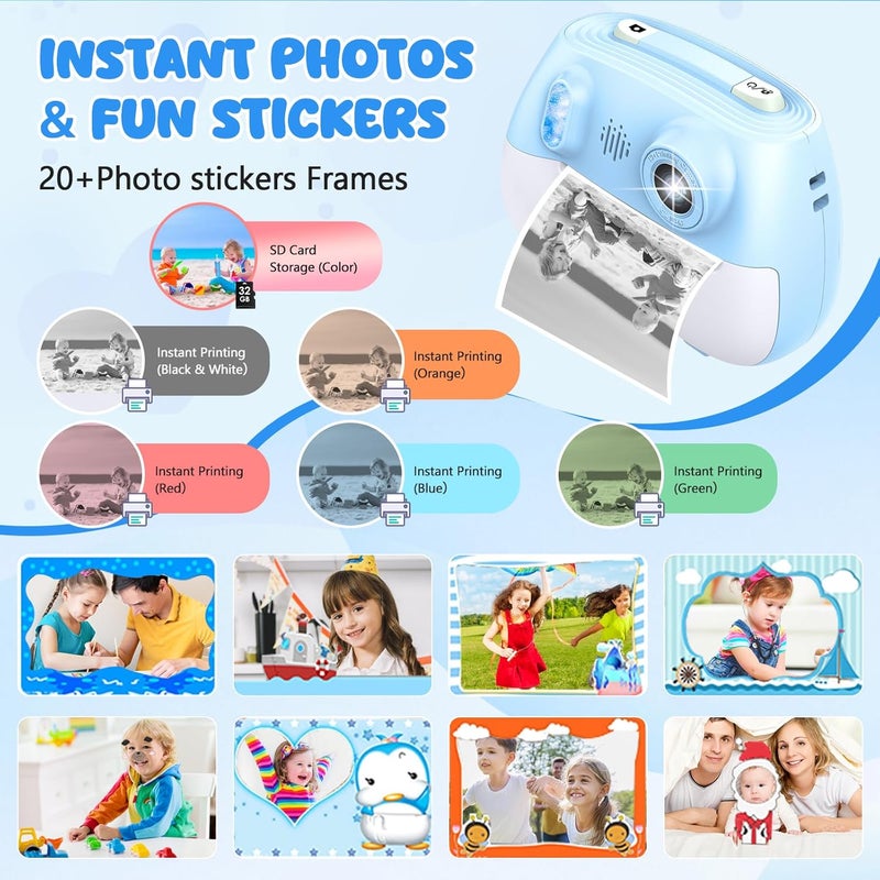 IusZup Kids Camera Instant Print 1080P Front Rear Dual Selfie - Kids Digital Camera with Video Games, 32GB & 5-Color Print Paper/ 250 Photos,Easy to Use & Great Toys Gifts for Boys Girls, Ages 3-12 - Image 3
